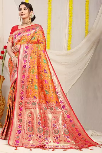 Orange patola silk blend saree with blouse piece