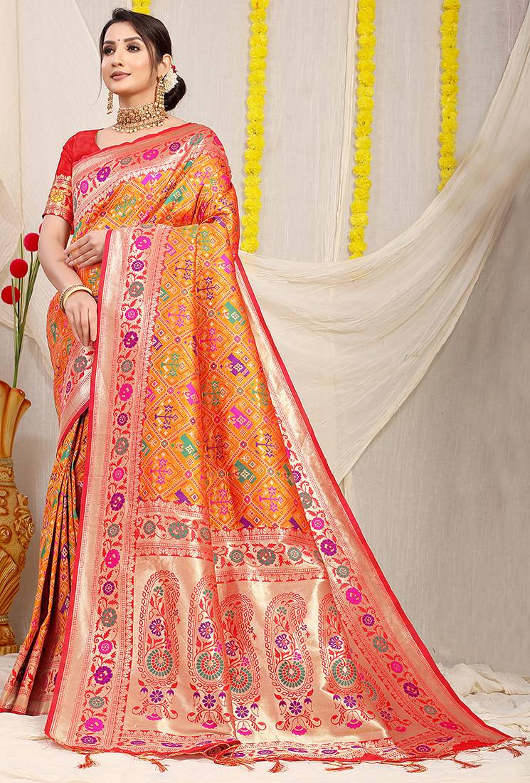 Orange patola silk blend saree with blouse piece