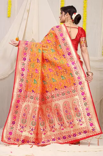 Orange patola silk blend saree with blouse piece