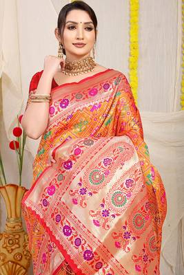 Orange patola silk blend saree with blouse piece 3