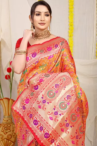 Orange patola silk blend saree with blouse piece