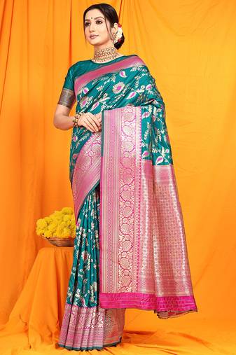 Teal banarasi silk blend saree with zari woven border