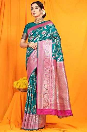 Teal banarasi silk blend saree with zari woven border