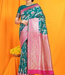 Teal banarasi silk blend saree with zari woven border