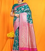 Teal banarasi silk blend saree with zari woven border