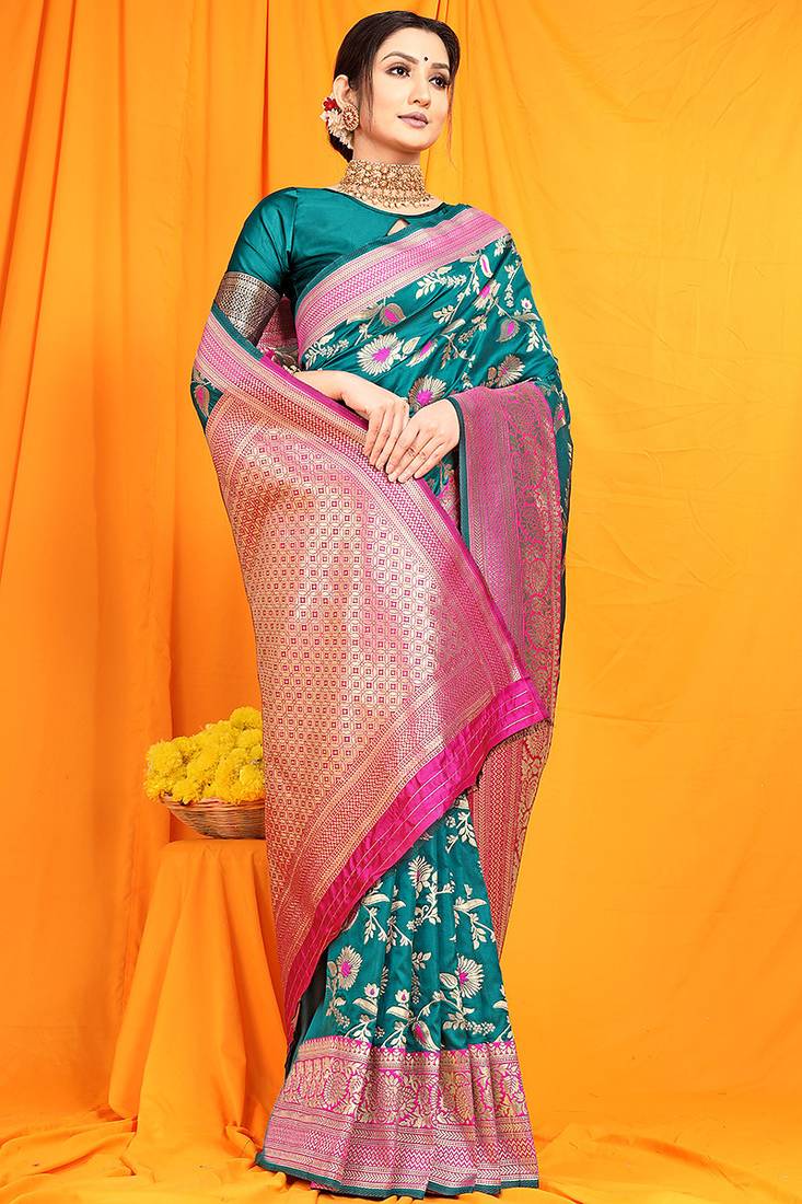Teal banarasi silk blend saree with zari woven border