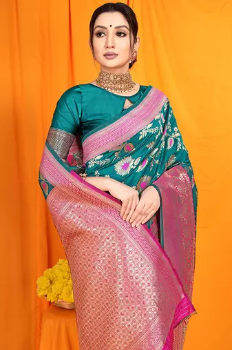 Teal banarasi silk blend saree with zari woven border