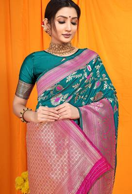 Teal banarasi silk blend saree with zari woven border 4