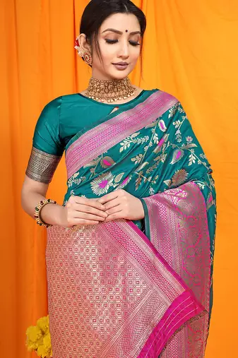 Teal banarasi silk blend saree with zari woven border