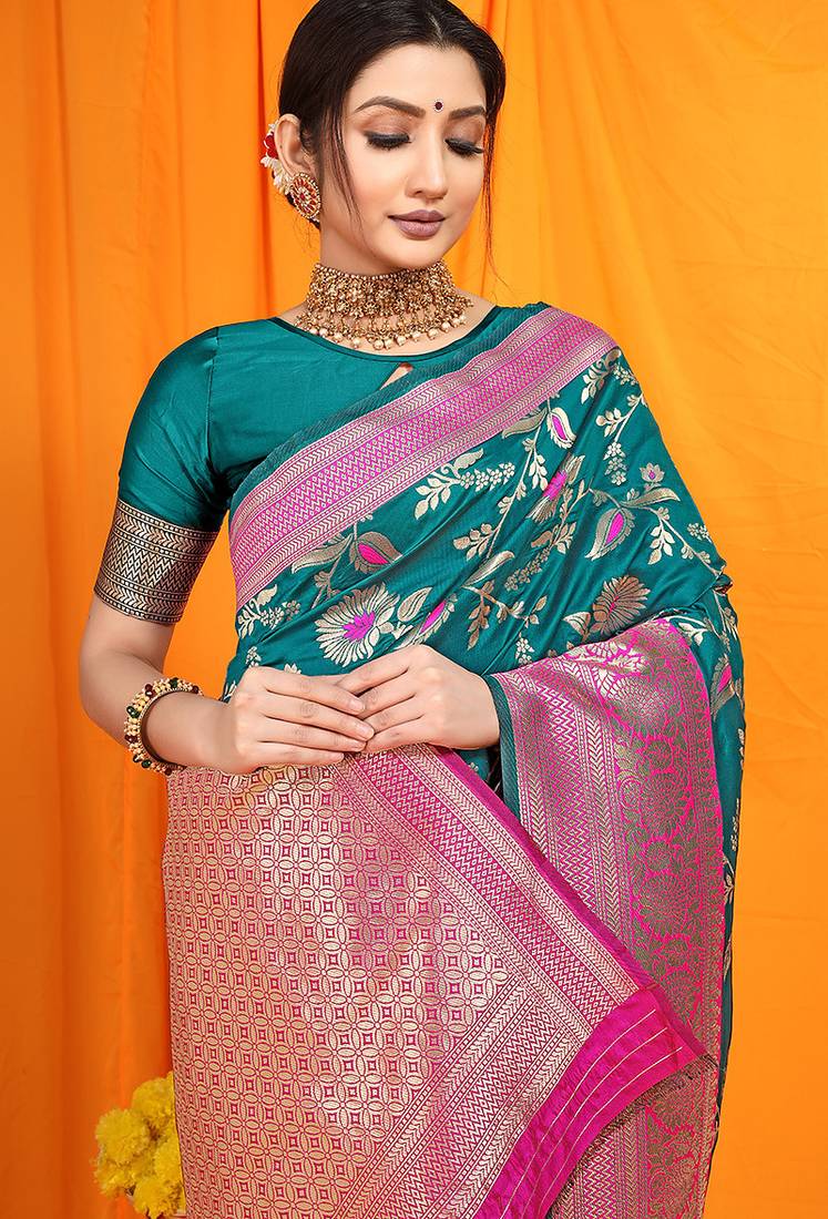 Teal banarasi silk blend saree with zari woven border