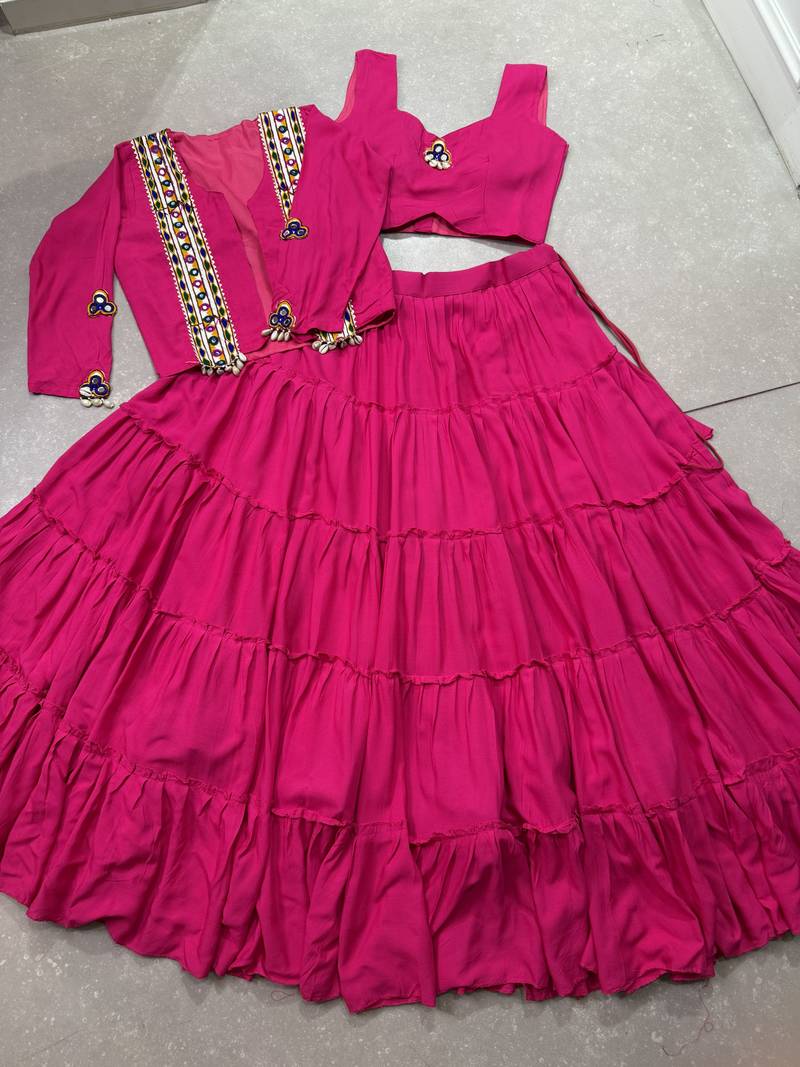 pink Rayon Chaniya Choli with Mirror Gamthi & Lace 