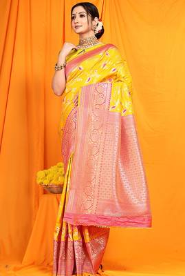 Yellow banarasi silk blend saree with zari woven border 1