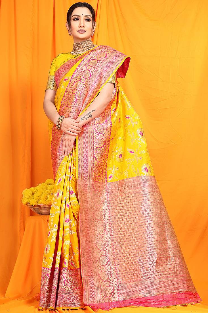Yellow banarasi silk blend saree with zari woven border