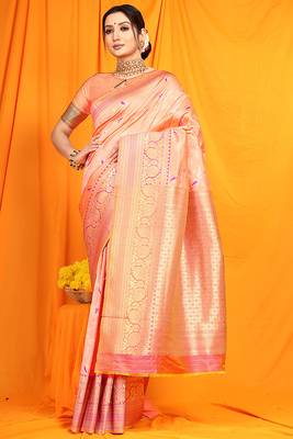 Peach banarasi silk blend saree with zari woven border 1
