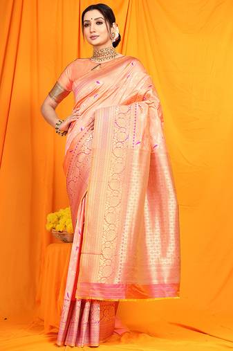 Peach banarasi silk blend saree with zari woven border