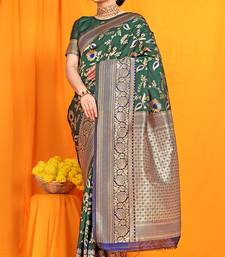 Bottle green banarasi silk blend saree with zari woven border