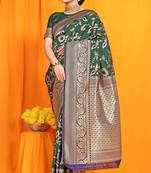 Bottle green banarasi silk blend saree with zari woven border