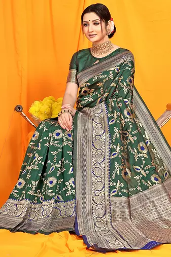 Bottle green banarasi silk blend saree with zari woven border