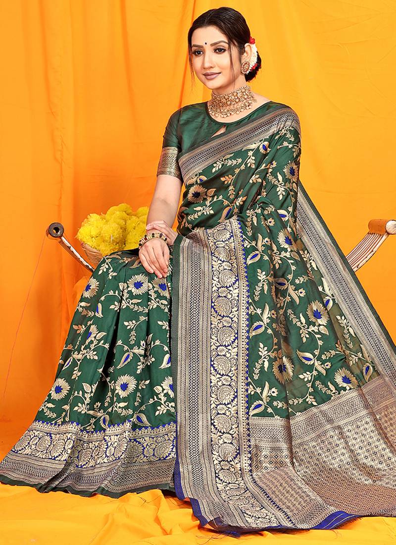 Bottle green banarasi silk blend saree with zari woven border