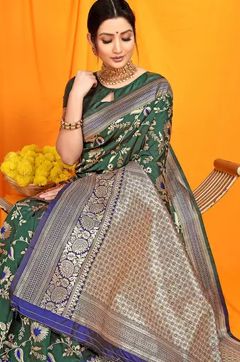 Bottle green banarasi silk blend saree with zari woven border