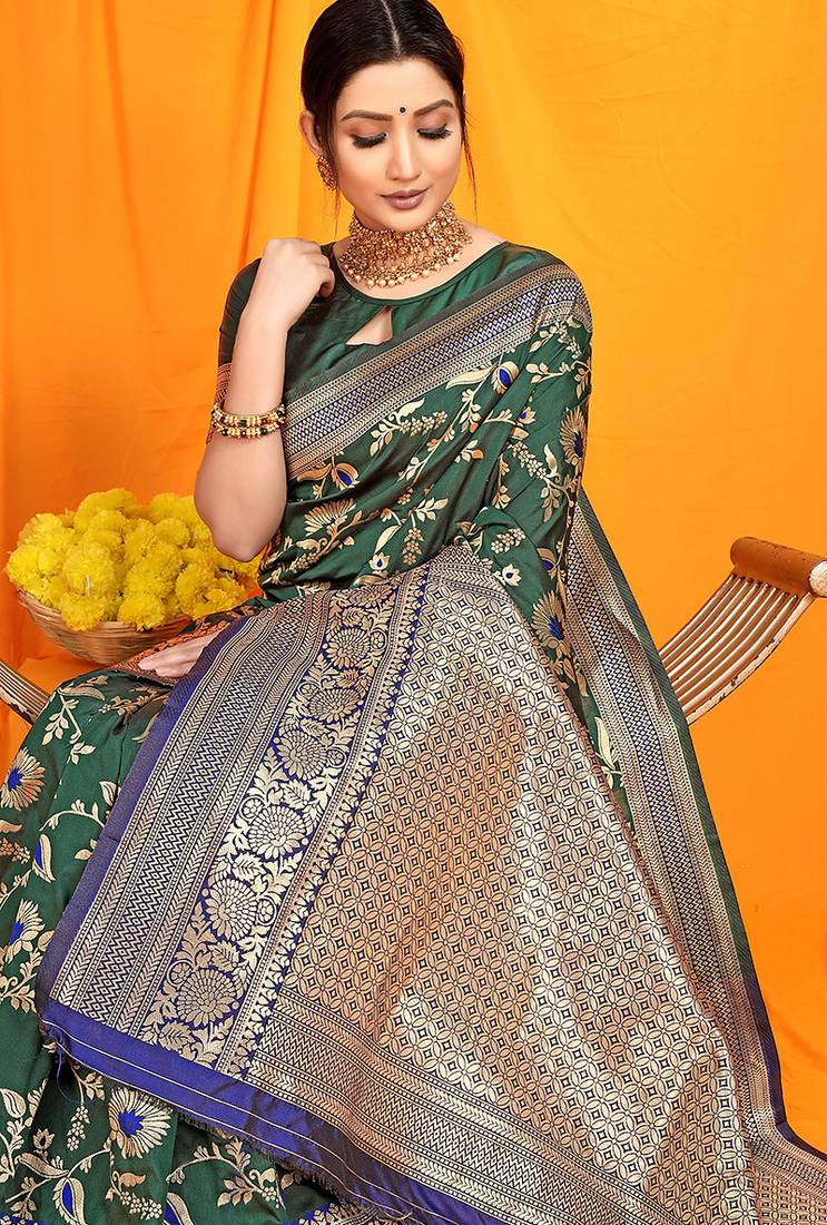 Bottle green banarasi silk blend saree with zari woven border