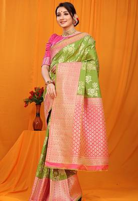 Light green banarasi silk blend saree with pink zari woven border 1