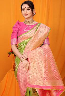 Light green banarasi silk blend saree with pink zari woven border 3