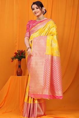 Yellow banarasi silk blend saree with pink zari woven border 1