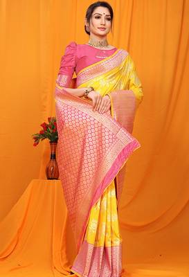 Yellow banarasi silk blend saree with pink zari woven border 2