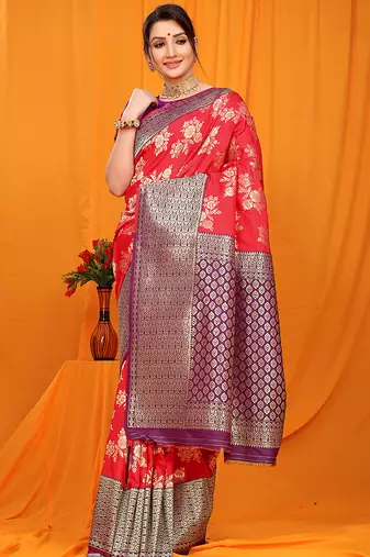 Red banarasi silk blend saree with pink zari woven border