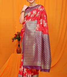 Red banarasi silk blend saree with pink zari woven border