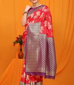 Red banarasi silk blend saree with pink zari woven border