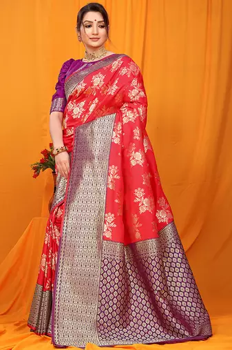 Red banarasi silk blend saree with pink zari woven border