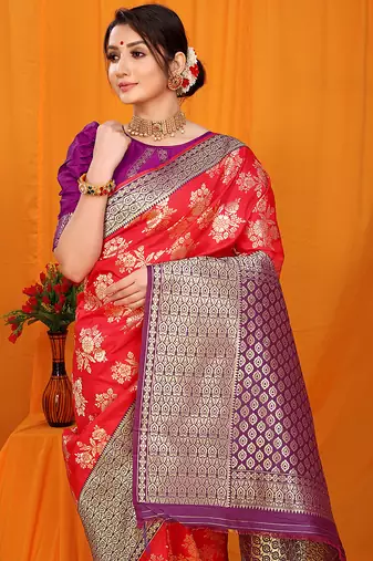 Red banarasi silk blend saree with pink zari woven border