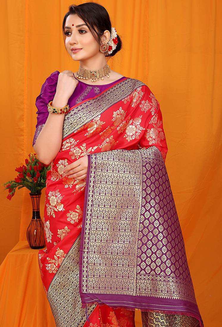 Red banarasi silk blend saree with pink zari woven border