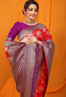 Red banarasi silk blend saree with pink zari woven border 4