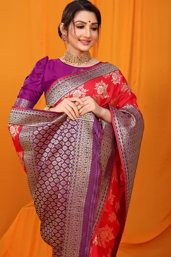 Red banarasi silk blend saree with pink zari woven border
