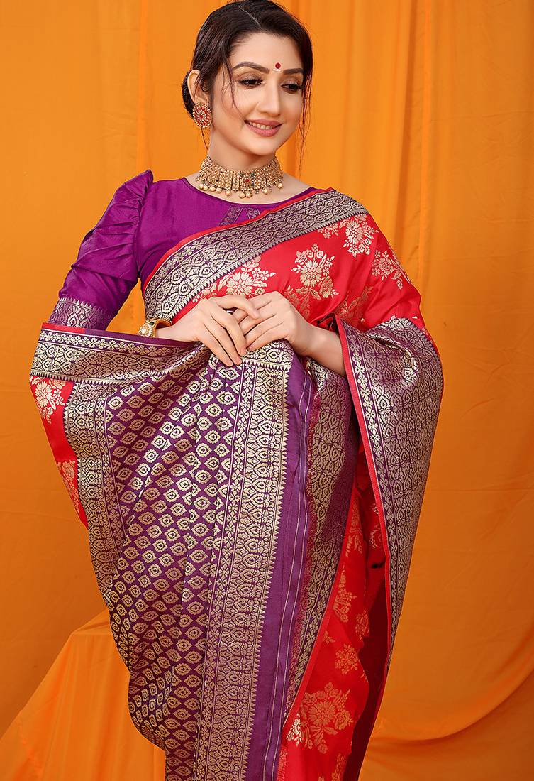 Red banarasi silk blend saree with pink zari woven border