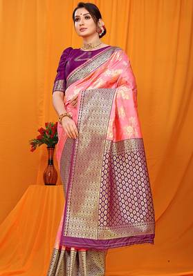 Light pink banarasi silk blend saree with pink zari woven border 1