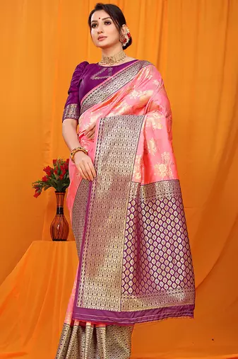 Light pink banarasi silk blend saree with pink zari woven border