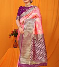 Light pink banarasi silk blend saree with pink zari woven border