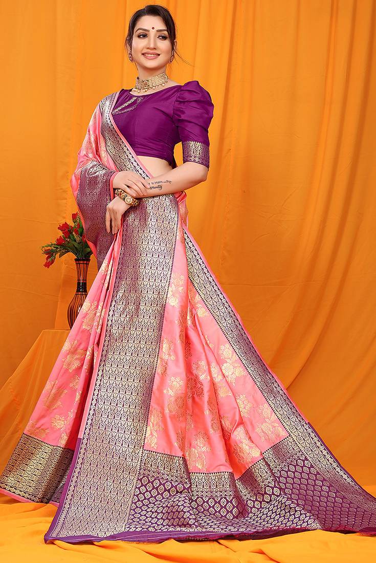 Light pink banarasi silk blend saree with pink zari woven border