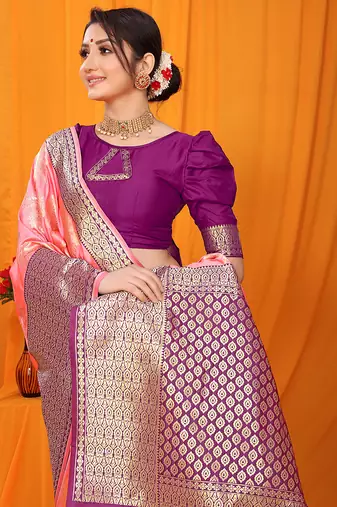 Light pink banarasi silk blend saree with pink zari woven border