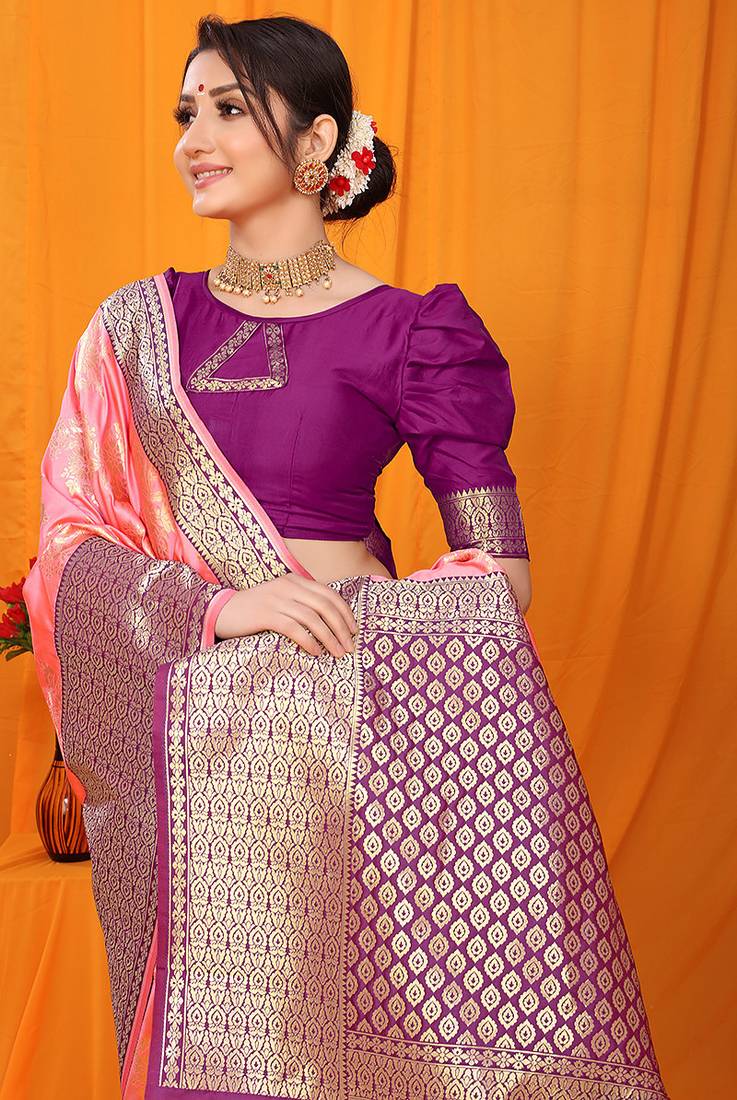 Light pink banarasi silk blend saree with pink zari woven border