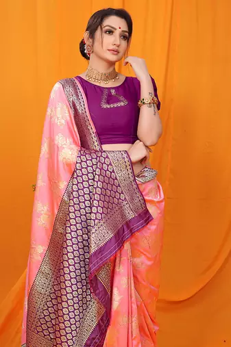 Light pink banarasi silk blend saree with pink zari woven border