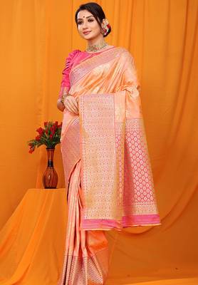 Peach banarasi silk blend saree with pink zari woven border 1