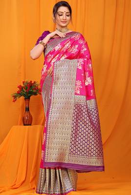 Rani pink banarasi silk blend saree with pink zari woven border 1