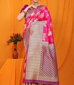 Rani pink banarasi silk blend saree with pink zari woven border