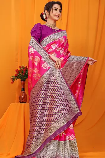 Rani pink banarasi silk blend saree with pink zari woven border