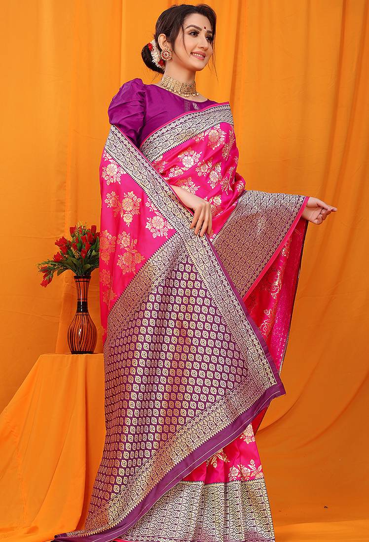 Rani pink banarasi silk blend saree with pink zari woven border
